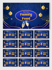 New Years Family Feud quiz slides featuring fireworks, champagne, gift icons, and dark blue background with golden accents.