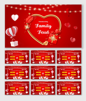 Valentines Day trivia slides with romantic red background, glowing lights, gift box, balloons, and heart graphics for quiz.
