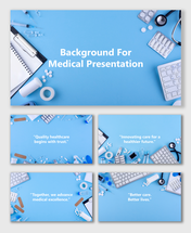 Background for medical presentation with blue theme, pills, syringes, stethoscope, keyboard and medical tools layout.