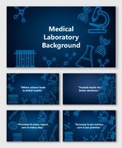 Medical Laboratory Background with blue theme, neon DNA, microscope, test tubes and glowing science icons layout.