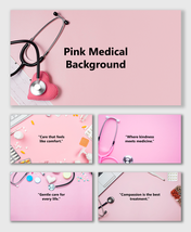 Pink Medical Background with stethoscope, pills, heart shape, and healthcare tools on soft pink backdrop.