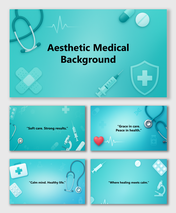Aesthetic medical background slides with teal gradient, stethoscope, syringe, pills, heart, and healthcare icons.