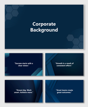 Corporate background PPT with dark blue gradients, hexagon patterns, layered shapes, and text holders for business slides.