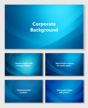 Corporate background pictures slides with blue gradient waves, smooth curves, and text holders for motivational quotes.