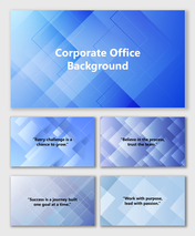 Corporate office background with blue geometric squares, gradients, and text holders for leadership or teamwork slides.