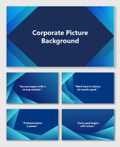 Corporate picture background with blue gradient layers, abstract triangle shapes, and text holders for business slides.