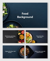 Food Photo Background with plates of salad, pasta, and vegetables on dark slate surface for restaurant slides.