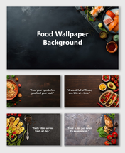 Food Wallpaper Background with sushi, pasta, tacos, and grilled dishes on dark textured surfaces for food slides.