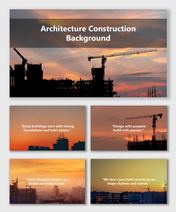 Architecture Construction Background with cranes, buildings, and sunset skyline design for engineering and project slides.