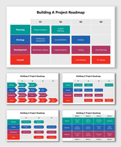 Building A Project Roadmap showing planning, strategy, development, and launch phases with colorful timeline charts.