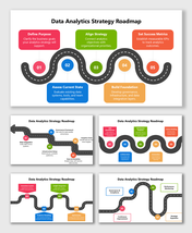 Data Analytics Strategy Roadmap with aligned goals, data readiness steps, foundation setup, KPIs, and analytics growth.
