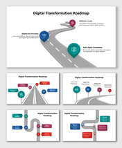 Digital Transformation Roadmap PPT with road graphics, tech icons, and phased steps for digitization, integration.