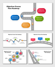 Objectives Process Flow Roadmap with curved road, milestone pins, and colored steps for goals, planning, actions, review.