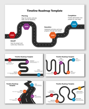 Timeline Roadmap Template PPT Free with curved road, colored milestones, hexagon year tags, and phased project steps.
