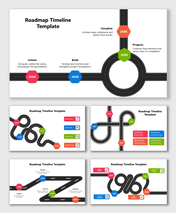 Roadmap Timeline Template showing yearly steps from start to achieve goals using curved road paths and milestone labels.