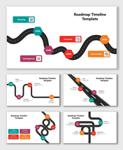 Roadmap Timeline Template PowerPoint with winding road, year labels, planning, development, execution, optimization steps.