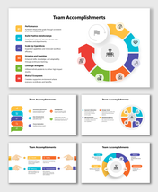 Team Accomplishments slides with circular charts, icons, colored steps, performance goals, efficiency, and collaboration.