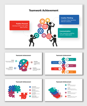Teamwork Achievement Examples with puzzle graphics, gears, icons, and points highlighting teamwork, skills, and success.
