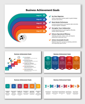 Business achievement goals template showing clear objectives, market performance, collaboration, efficiency, growth steps.