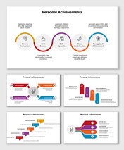 Personal Achievements PPT Slides with colorful arcs and icons showing skills, milestones, and success.