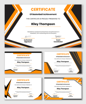 Basketball achievement certificate honoring outstanding performance skill discipline with orange and black modern design.
