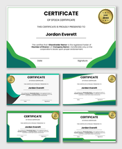 Business stock certificate template showing shareholder name shares company details green layout date signature seal.
