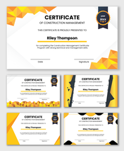 Construction Management Certificate with geometric shapes, year badge, name area, date and signature fields.