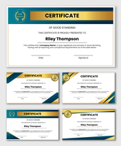 Corporate Certificate Of Good Standing with gold header, award seal, recipient name, date and signature fields.