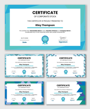 Customizable Corporate Stock Certificates featuring teal borders, shareholder details, seal, date and signature fields.