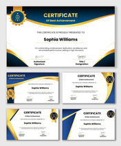 Achievement Certificate with blue gold design, recipient name, award seal, signatures, clean professional lay.