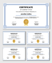 Company stock certificate with blue ornamental border, recipient name, ownership text, seal, and signatures.