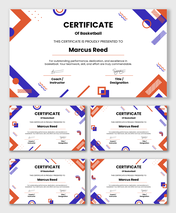 Basketball certificates with red and blue geometric shapes, icons, text fields for name, coach, date, and designation.
