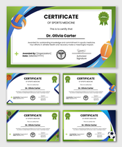 Sports medicine certificates with sports icons, green-blue borders, text fields for name, date, organization, and signature.