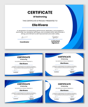 Swimming certificates with blue wave designs, text fields for name, coordinator, signature, date, and achievement message.
