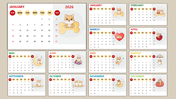 Cute 2026 calendar with puppy illustrations, rounded weekday icons, pastel colors, and monthly grid layout UI.
