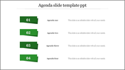 Agenda PPT slide featuring four sections, numbered 1 to 4, with green themed tabs for one to four with placeholder text.