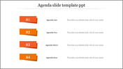 Agenda slide featuring four orange banners with white numbers, aligned with bold agenda titles and placeholder text areas.