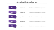 Five step agenda slide featuring purple numbered labels from 01 to 05 with titles and descriptive text alongside.