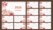 Monthly 2026 calendar with floral autumn theme, spiral binding style, pastel leaves, and clear monthly grids.