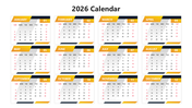 2026 monthly calendar with yellow black headers, clean grid layout, bold dates, weekend highlights, and modern style UI.