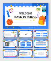 Welcome Back to School slides with colorful classroom icons, student intro, schedule, activities, and events layout.