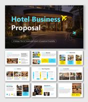 Hotel Business Proposal slides featuring luxury hotel exterior market analysis, services, strategy, operations.