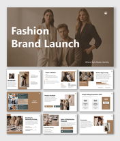 Fashion Brand Launch slides showcasing vision, audience, product portfolio, branding strategy and sales growth insights.