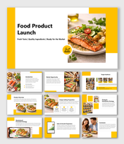 Food Product Launch slides covering market opportunity, target audience, pricing strategy and sales growth plan.