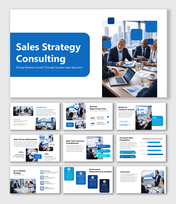 Sales Strategy Consulting slides covering market analysis, sales optimization, pricing and performance metrics.