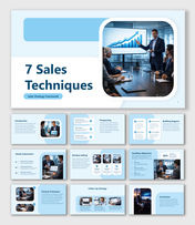 7 Sales Techniques slides covering prospecting, objections, closing methods and follow-up strategy.