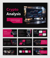 Crypto analysis presentation slides showing charts, market trends, volatility insights and investment results.