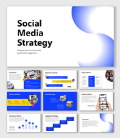 Social media strategy presentation template with content plan, audience targeting, engagement and metrics data.