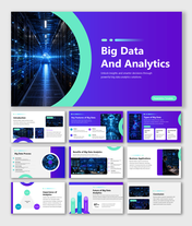 Big Data and Analytics presentation with dashboards, insights, data processing, and business solutions for growth AI.