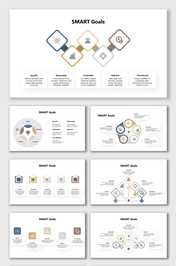 SMART goals presentation template with clean infographic layouts for Specific, Measurable, Achievable, Relevant goals.